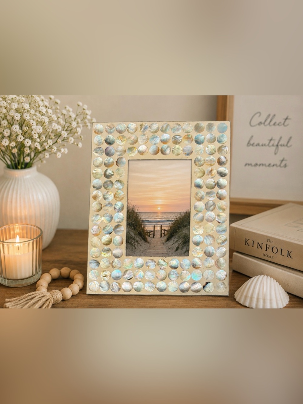 Mother of Pearl Shell Mosaic Picture Frame Coastal Boho Beach Decor